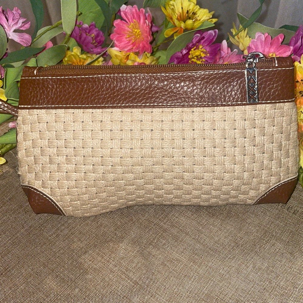 Maxx New York Wristlet Crème Woven Bag with Faux Brown Trim